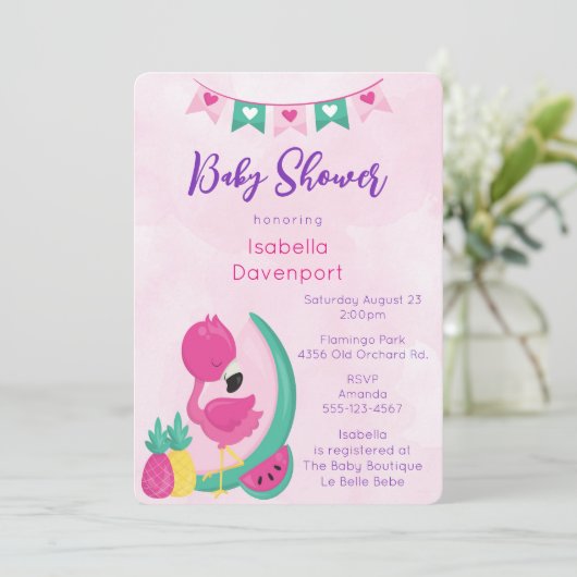 Roze Flamingo met Ananas & Watermeloendouche Kaart (Staand voorkant)