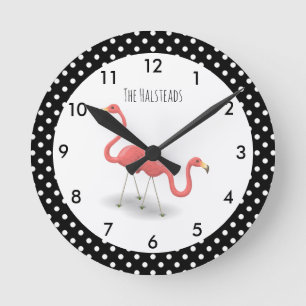 Roze Flamingo met Black Polka Dots gepersonaliseer Ronde Klok