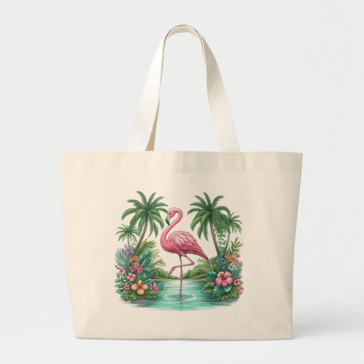 Roze flamingo met bloemen en palmbomen grote tote bag (Voorkant)