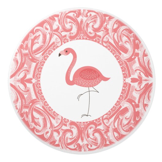 Roze Flamingo met Floral Swirls Ornament Keramische Knop (Voorkant)