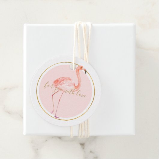 Roze flamingo met gepersonaliseerd goud en lijst bedankjes labels (In situ)
