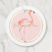 Roze flamingo met gepersonaliseerd goud en lijst bedankjes labels (Voorkant)