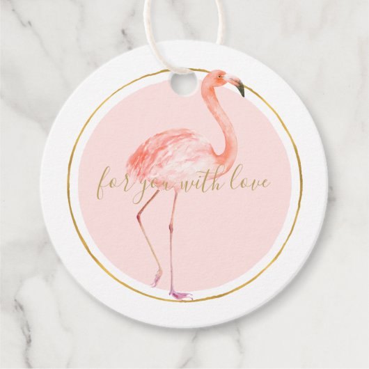 Roze flamingo met gepersonaliseerd goud en lijst bedankjes labels (Voorkant)