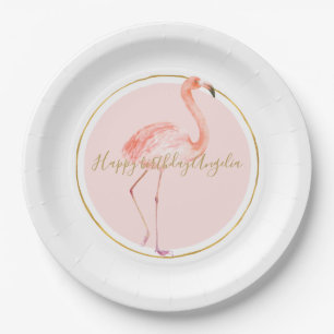 Roze flamingo met gepersonaliseerd goud en lijst papieren bordje