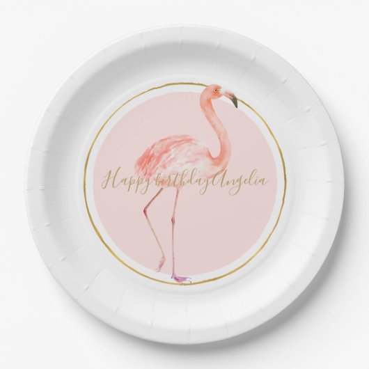 Roze flamingo met gepersonaliseerd goud en lijst papieren bordje (Voorkant)