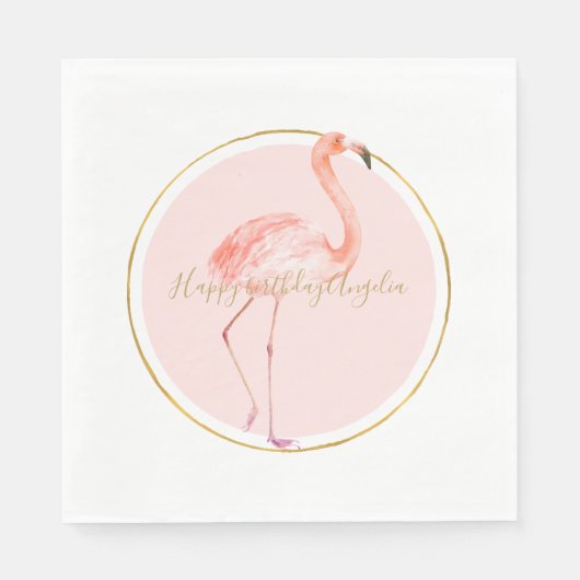 Roze flamingo met gepersonaliseerd goud en lijst servet (Voorkant)