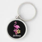 Roze Flamingo Met Hibicus Bloemen Sleutelhanger (Voorkant)