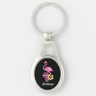 Roze flamingo met Hibiscus Flowers Metal Sleutelha Sleutelhanger