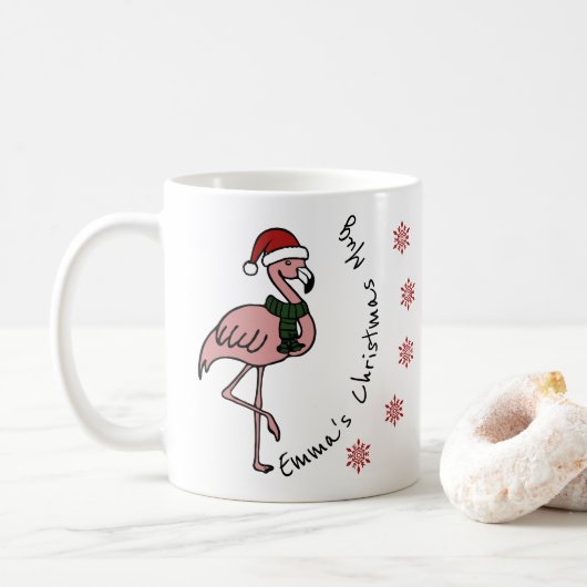 Roze flamingo met kerst pet gepersonaliseerde naam koffiemok (Met donut)
