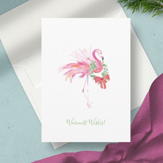 Roze flamingo met kerstkrans strand kerstkaart feestdagen kaart