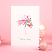 Roze flamingo met kerstkrans strand kerstkaart feestdagen kaart