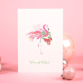 Roze flamingo met kerstkrans strand kerstkaart feestdagen kaart