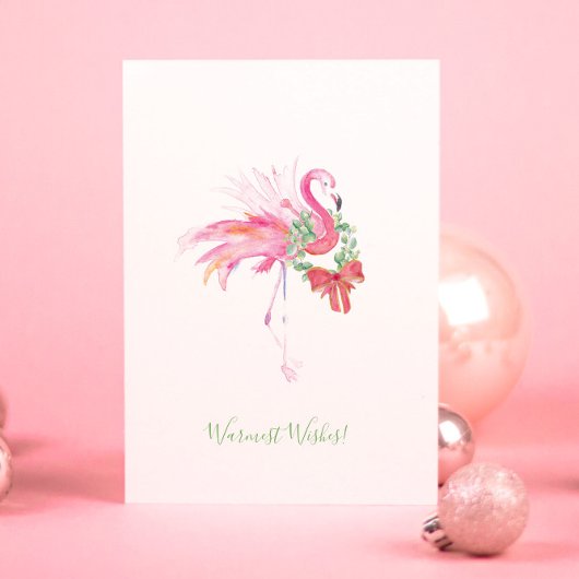 Roze flamingo met kerstkrans strand kerstkaart feestdagen kaart