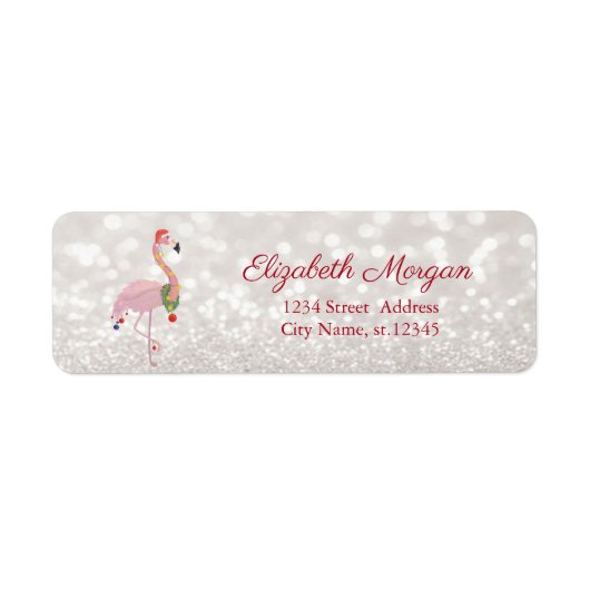 Roze Flamingo Met Kerstman Hoed, Glitterende Bokeh Etiket (Voorkant)