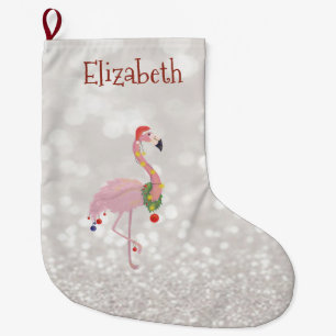 Roze Flamingo Met Kerstman Hoed, Glitterende Bokeh Grote Kerstsok