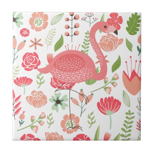Roze flamingo met kleurrijke geassorteerde bloemen tegeltje (Voorkant)