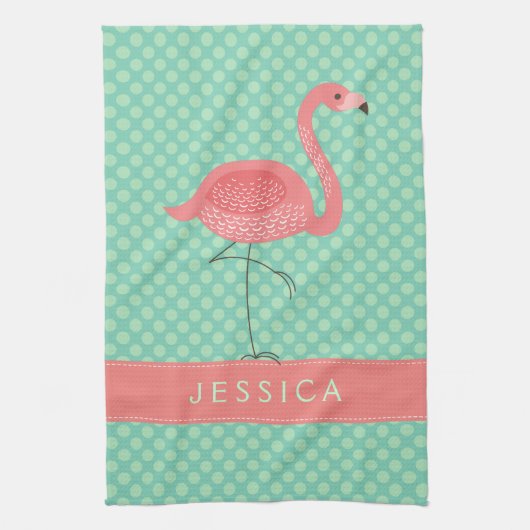 Roze flamingo met mint-groen pokadot theedoek (Verticaal)