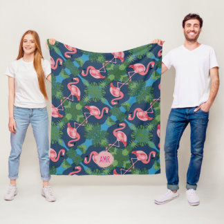 Roze Flamingo met Naam Initialen Fleece Deken