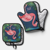  roze flamingo met naam ovenwant & pannenlap set (Voorkant / Achterkant)