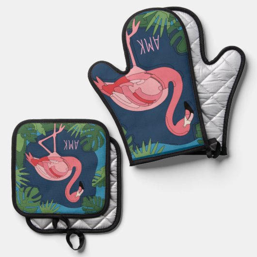  roze flamingo met naam ovenwant & pannenlap set (Voorkant / Achterkant)