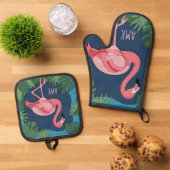  roze flamingo met naam ovenwant & pannenlap set (Top down)