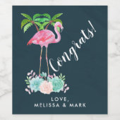 Roze Flamingo met Palm Trees Gefeliciteerd Wijn Etiket (Enkel label)