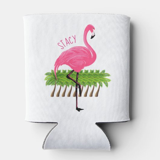 Roze flamingo met palmbomen blikjeskoeler (Achterkant)