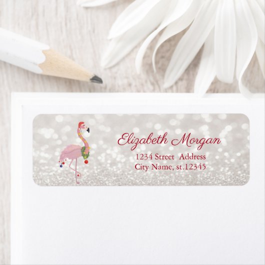 Roze flamingo met Santa Hat, Glittery Bokeh Etiket (Insitu)