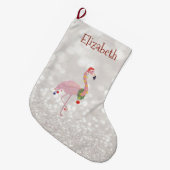 Roze flamingo met Santa Hat, Glittery Bokeh Grote Kerstsok (Voorkant (Hangend))