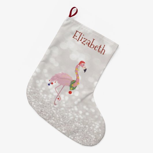 Roze flamingo met Santa Hat, Glittery Bokeh Grote Kerstsok (Voorkant (Hangend))