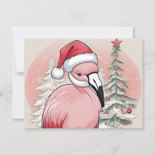 Roze Flamingo met santa hoed boom achtergrond Briefkaart