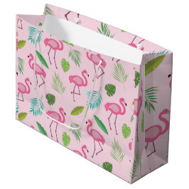 Roze Flamingo met Tropische Bladeren Patroon Groot Cadeauzakje