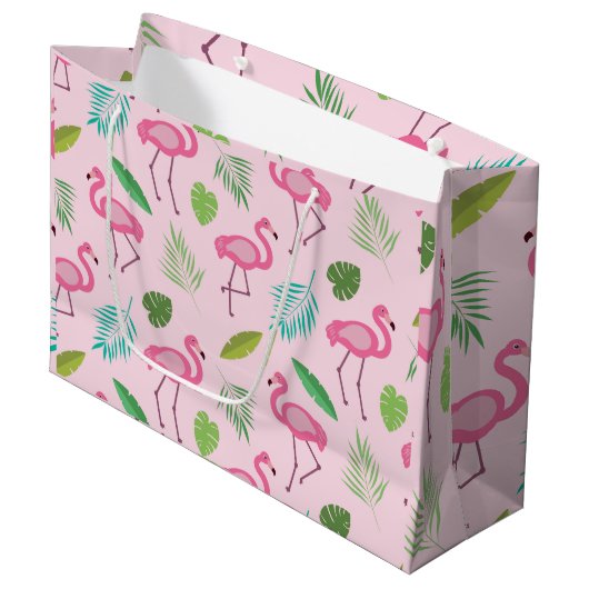 Roze Flamingo met Tropische bladeren Patroon Groot Cadeauzakje (Voorkant Gekanteld)