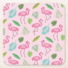 Roze Flamingo met Tropische bladeren Patroon Kartonnen Onderzetters