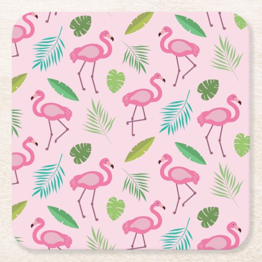 Roze Flamingo met Tropische bladeren Patroon Kartonnen Onderzetters (Voorkant)