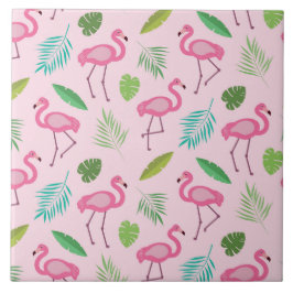 Roze Flamingo met Tropische bladeren Patroon Tegeltje