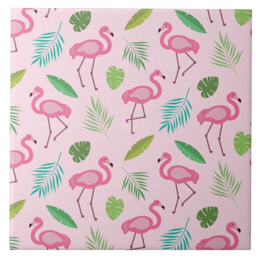 Roze Flamingo met Tropische bladeren Patroon Tegeltje (Voorkant)