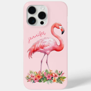 Roze Flamingo met Tropische Bloemen iPhone 15 Pro Max Hoesje