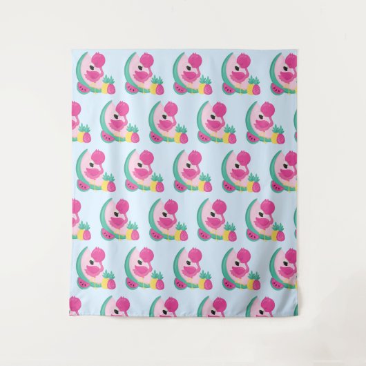 Roze Flamingo met Tropische Fruits Patroon Wandkleed (Voorkant)