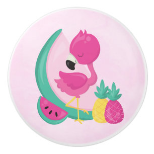 Roze Flamingo met tropische vruchten Keramische Knop