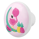 Roze Flamingo met tropische vruchten Keramische Knop (Rechts)