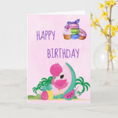 Roze Flamingo met Vruchten & Gelukkige Verjaardag Kaart (Gele Bloem)