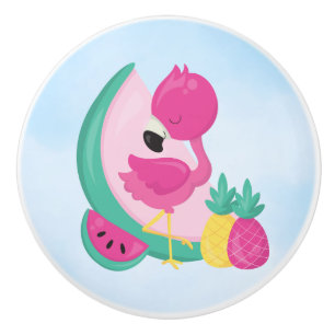 Roze Flamingo met Watermeloen & Ananassen Keramische Knop