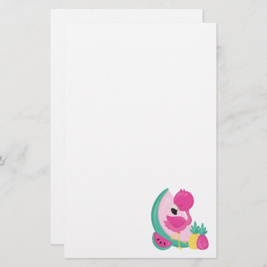 Roze Flamingo met Watermeloen en ananas Briefpapier (Voorkant / Achterkant)