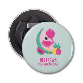 Roze Flamingo met Watermeloen en ananas Button Flesopener (Voorkant)