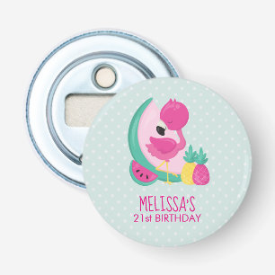 Roze Flamingo met Watermeloen en ananas Button Flesopener