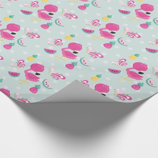 Roze Flamingo met Watermeloen en ananas Cadeaupapier (Hoek)