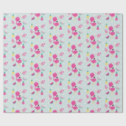 Roze Flamingo met Watermeloen en ananas Cadeaupapier (Vlak)