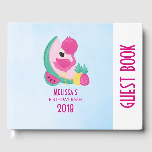 Roze Flamingo met Watermeloen en ananas Gastenboek (Voorkant)