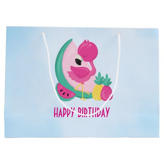 Roze Flamingo met Watermeloen en ananas Groot Cadeauzakje (Achterkant)
